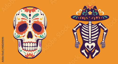 Colorful skull decorated with floral patterns and a skeleton wearing a sombrero, inspired by Día de los Muertos   