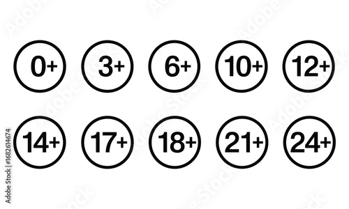 Black Age Restriction Icons With Numbers In Circles On White Background rating limit