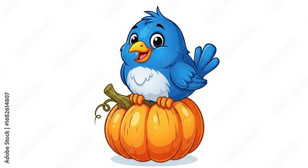 Fototapeta premium Cute Blue Cartoon Bird Sitting Happily on an Orange Pumpkin Isolated on White Background