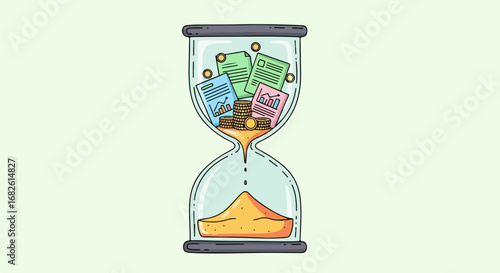 Hourglass filled with financial assets like documents and coins representing long-term investment, wealth management, and the value of time in finance