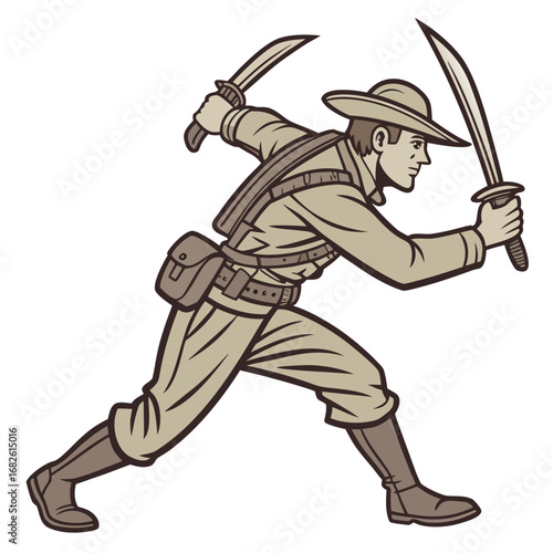 Vector illustration of an agile adventurer or fantasy ranger character in a dynamic combat pose dual-wielding twin swords