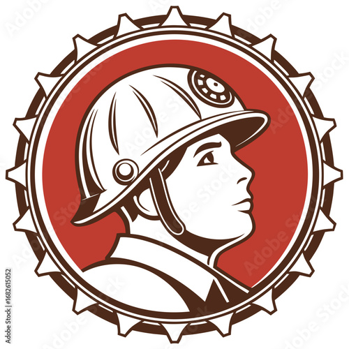 Stylized red emblem of a heroic industrial warrior, a symbol of strength and labor in a vintage graphic style