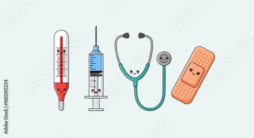 A cute collection of kawaii medical equipment with smiling faces, including a thermometer, syringe, stethoscope, and adhesive bandage illustration