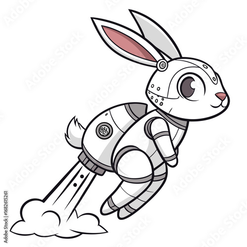 Cute cartoon robot rabbit with a rocket booster on its back, blasting off with a trail of smoke, digital illustration
