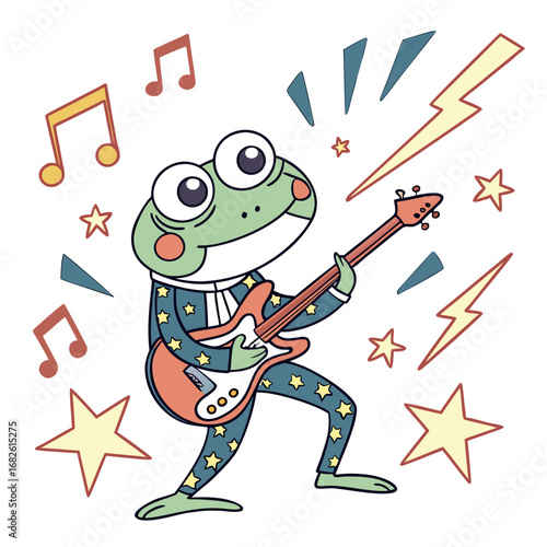 Cute cartoon rockstar frog character playing electric guitar solo. Fun animal musician in starry pajamas, a vector graphic for kids