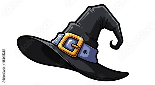 Cartoon Black Witch Hat with a Gold Buckle Isolated on a White Background
