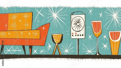 Retro interior design with a couch, lamp and glasses in a vintage mid-century style