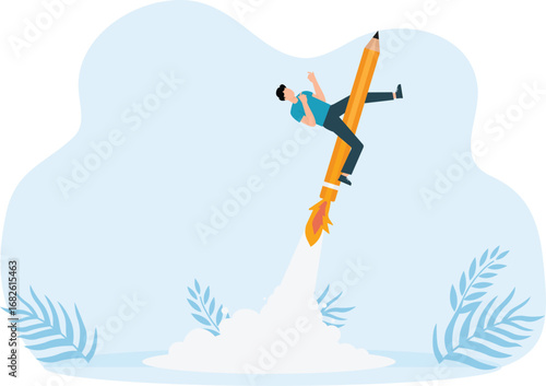 Leadership to lead the way to success. Businessman riding a pencil rocket concept,
