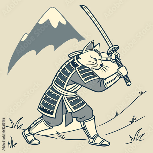 Brave feline warrior in Japanese samurai armor wielding a katana sword in a dynamic fighting pose, vector illustration