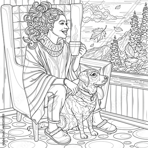 Girl in a blanket with a dog on a chair. Autumn atmosphere.Coloring book antistress for children and adults. 