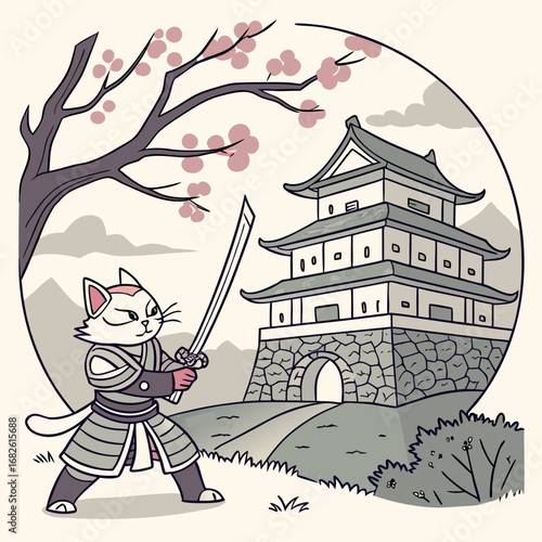 A heroic samurai cat with a katana sword defends a traditional Japanese castle entrance under a cherry blossom tree, vector art