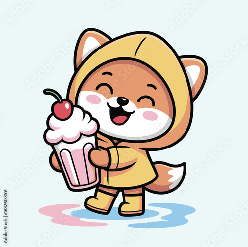 Cartoon fox in a yellow raincoat holding a cupcake with a cherry on top and smiling happily