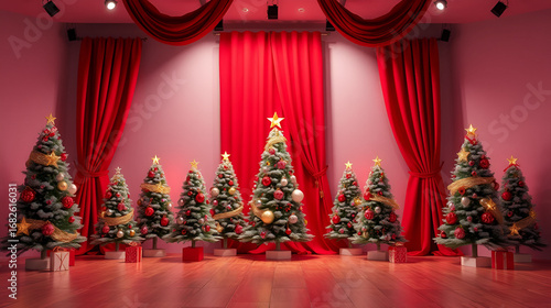 scenery with red curtains with christmas trees, escenario con cortinas rojas 3d con arboles de navidad