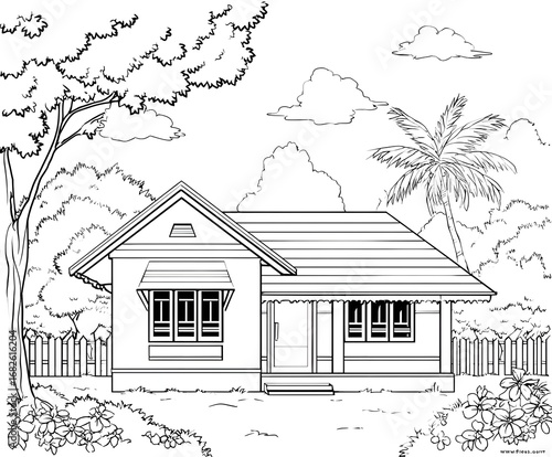 A house with a coconut tree in the rural coloring page