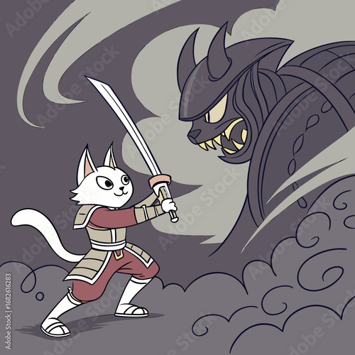 Brave Samurai Cat Battles Shadow Warrior An Epic Showdown