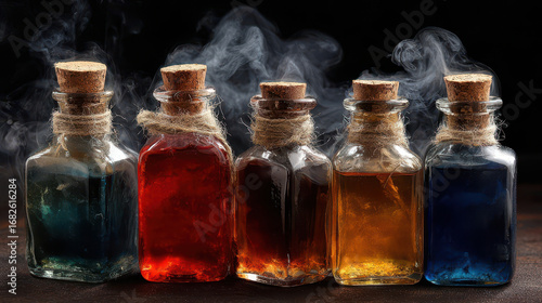 Wallpaper Mural Smoking colorful potions in glass bottles are standing on a wooden table Torontodigital.ca