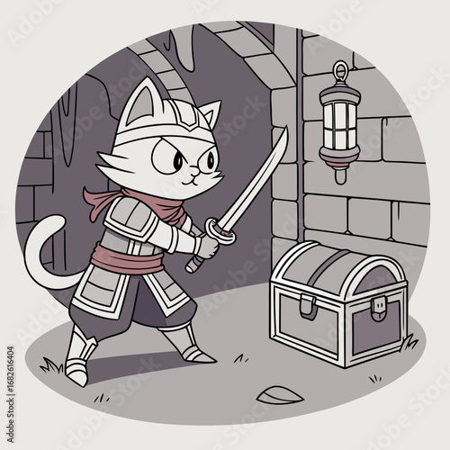 A brave samurai cat warrior in armor stands guard with a sword next to a treasure chest in a dark dungeon, a fantasy vector illustration