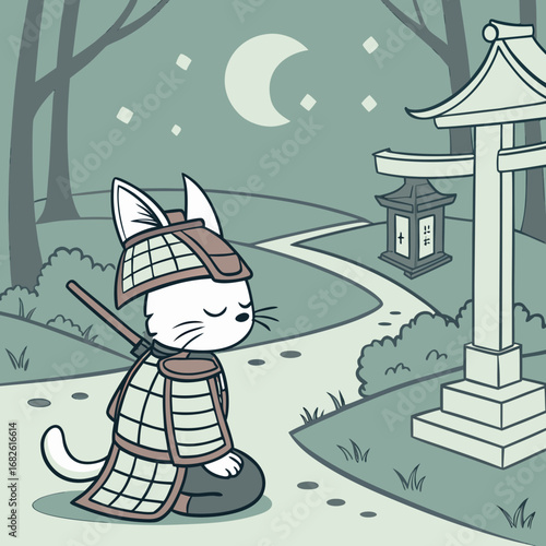 A stoic samurai cat in traditional armor kneels in quiet meditation under a crescent moon, a serene vector illustration of a warrior's honor