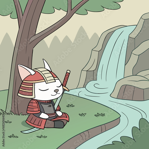 A cartoon samurai cat warrior meditating peacefully by a serene waterfall in a Japanese landscape. Vector illustration of honor and respect