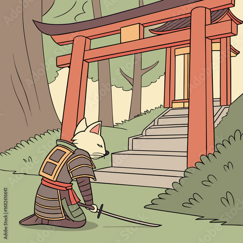 A serene warrior cat in samurai armor meditating with a katana sword at the entrance to a traditional Japanese shrine