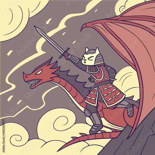 A heroic cat warrior in samurai armor, wielding a sword and riding a mythical red dragon through a cloudy sky in an epic fantasy vector illustration