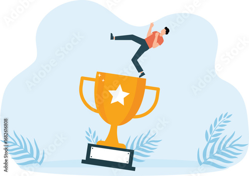 Businessman slips and falls on trophy concept,
