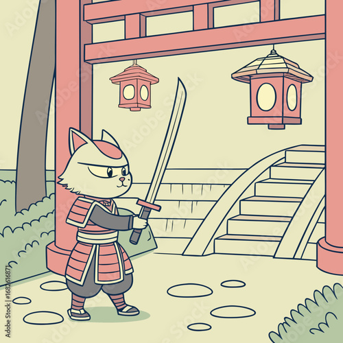 Brave samurai cat warrior in traditional armor with a katana sword standing guard by an ancient Japanese Torii gate and bridge illustration