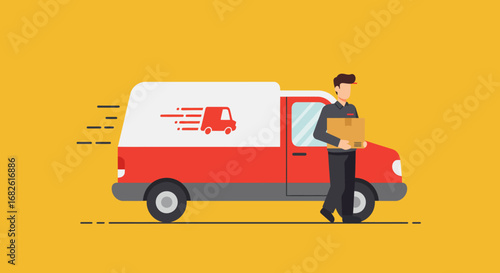 Delivery Van and Courier Carrying Cardboard Box.