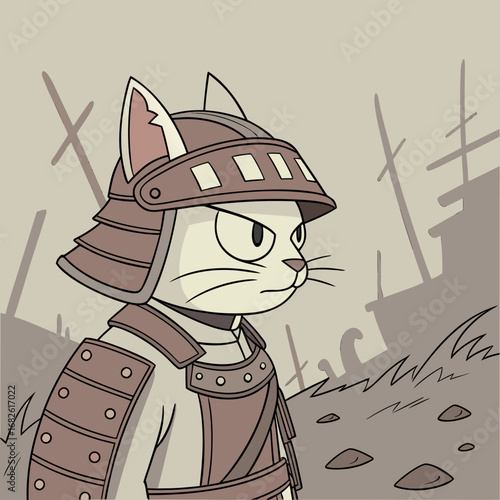An epic vector illustration of a divine cat warrior in celestial samurai armor, a heroic feline character standing on a battlefield