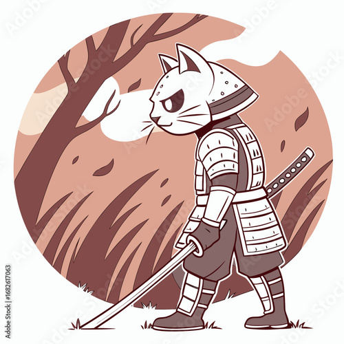 An illustrated feline samurai warrior in traditional Japanese armor holding a katana sword in a fantasy setting
