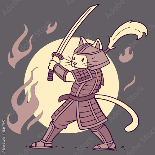 Brave cat warrior dressed as a Japanese samurai with a sword in a fighting pose. A cute and funny vector illustration