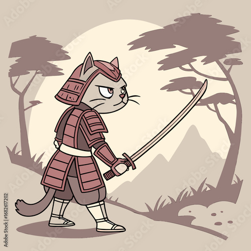 Powerful Samurai Cat Warrior A Vector Illustration