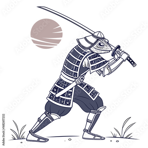 An epic vector illustration of a lizard samurai warrior in a dynamic fighting pose, ready for battle with a katana sword in a Japanese style