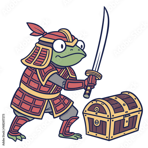 A brave samurai frog warrior character in red armor, wielding a katana to guard a mysterious treasure chest. A heroic amphibian guardian vector illustration