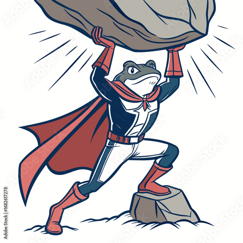 Mighty amphibian superhero in a red cape demonstrates incredible super strength by lifting a massive heavy boulder