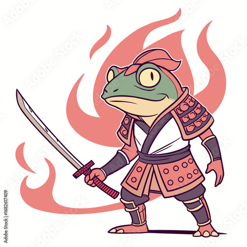 A noble frog samurai warrior in full armor stands ready with a katana sword, embodying a calm yet fiery spirit in this vector illustration
