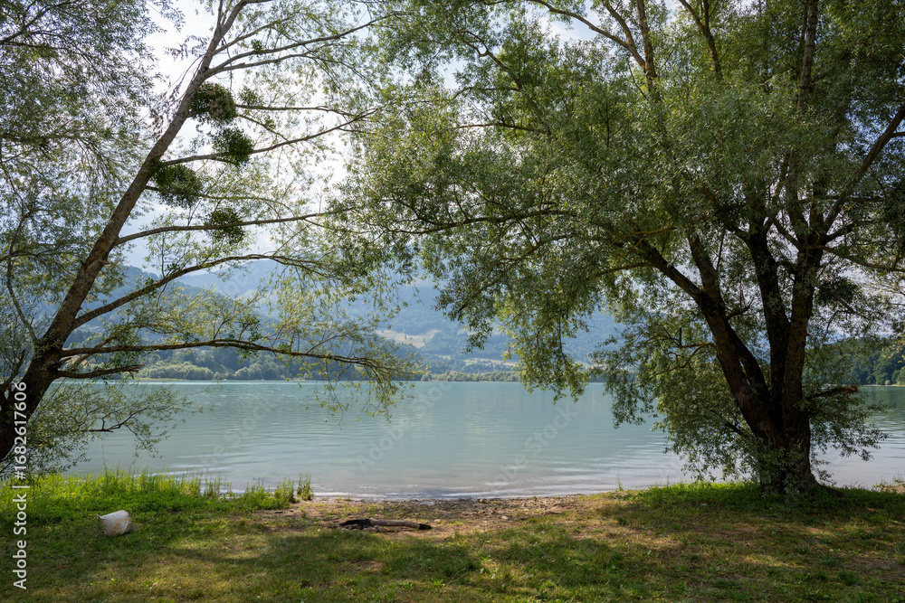 Obraz premium Au bord du lac de la Gruyère, la plage de Morlon et ses environs offrent un panorama sur les Préalpes fribourgeoises.