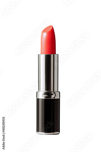 A coral-toned lipstick in a metallic silver and black tube