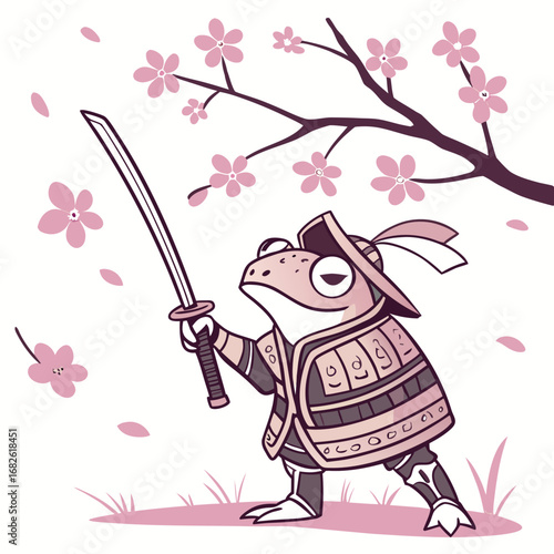 A brave samurai frog warrior standing with a katana sword under a blossoming sakura cherry tree branch