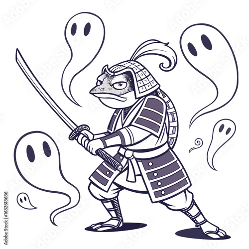 Fierce amphibian samurai toad in traditional armor holding a katana, a fantasy vector character with spooky yokai ghosts