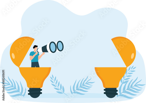 Vision to discover solutions for success, Businessman opens light bulb using binoculars concept,

