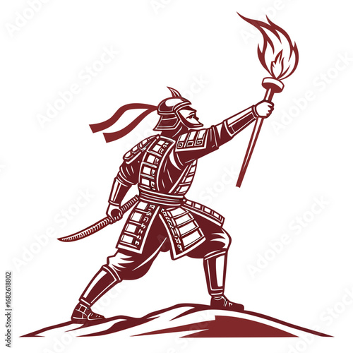 A brave Japanese samurai in full armor, holding a flaming torch and sword, symbolizing guidance and strength in a vector art style