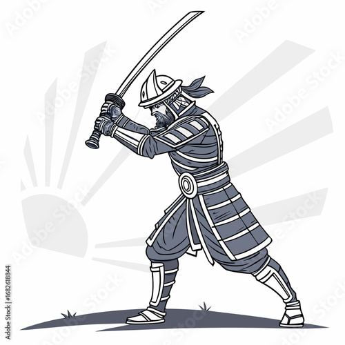 Dynamic vector illustration of an armored warrior, expertly wielding a sharp curved blade in a determined combat stance, embodying ancient martial strength and discipline