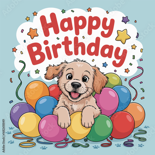 Happy Birthday puppy peeking from behind colorful balloons celebration