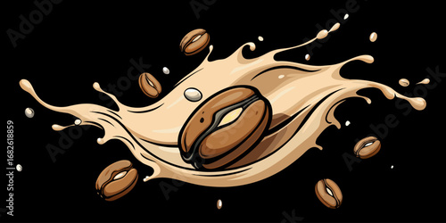 A dramatic close-up of roasted coffee beans swirling in mid-air with splashes of fresh milk, forming a dynamic vortex. The background is deep black, emphasizing the contrast between the dark coffee be