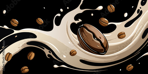 A dramatic close-up of roasted coffee beans swirling in mid-air with splashes of fresh milk, forming a dynamic vortex. The background is deep black, emphasizing the contrast between the dark coffee be
