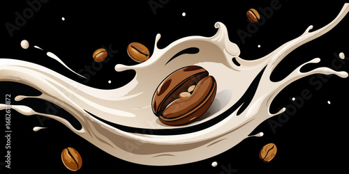 A dramatic close-up of roasted coffee beans swirling in mid-air with splashes of fresh milk, forming a dynamic vortex. The background is deep black, emphasizing the contrast between the dark coffee be