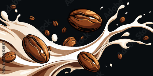A dramatic close-up of roasted coffee beans swirling in mid-air with splashes of fresh milk, forming a dynamic vortex. The background is deep black, emphasizing the contrast between the dark coffee be