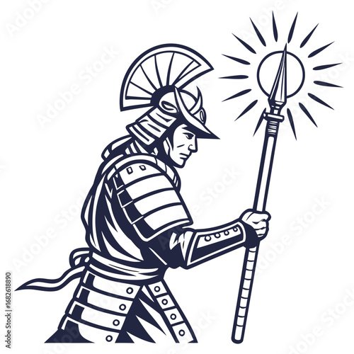 A heroic samurai man in full battle armor holding a spear radiating light, a powerful vector graphic symbol of a mythical warrior legend