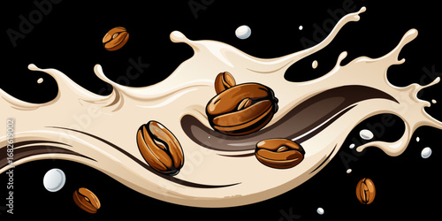 A dramatic close-up of roasted coffee beans swirling in mid-air with splashes of fresh milk, forming a dynamic vortex. The background is deep black, emphasizing the contrast between the dark coffee be